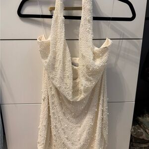 Oh Polly Cream Pearl-Beaded Mini Dress